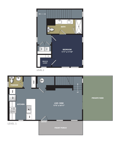 Floor plan for 1 bed, 1.5 baths, 824 sqft